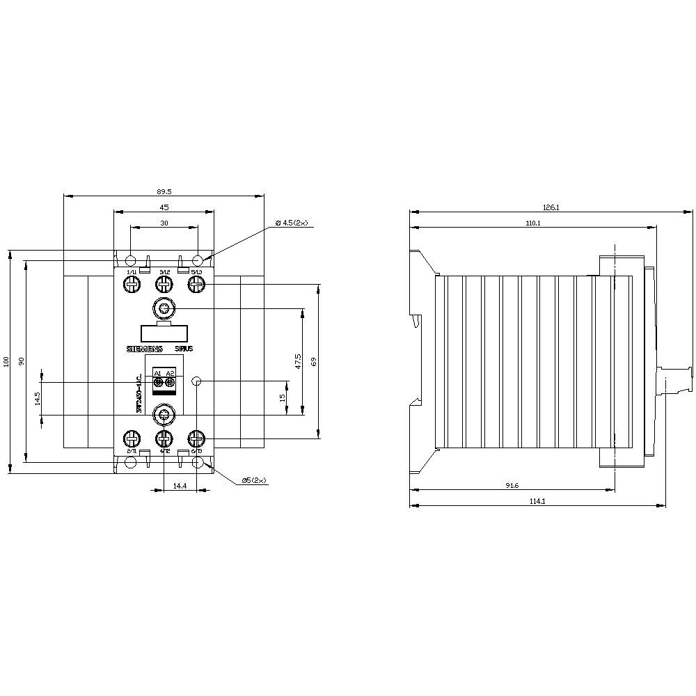 Technische Zeichnung eines rechteckigen Bauteils mit genauen Abmessungen in Millimetern. Sie zeigt Vorder- und Seitenansicht.