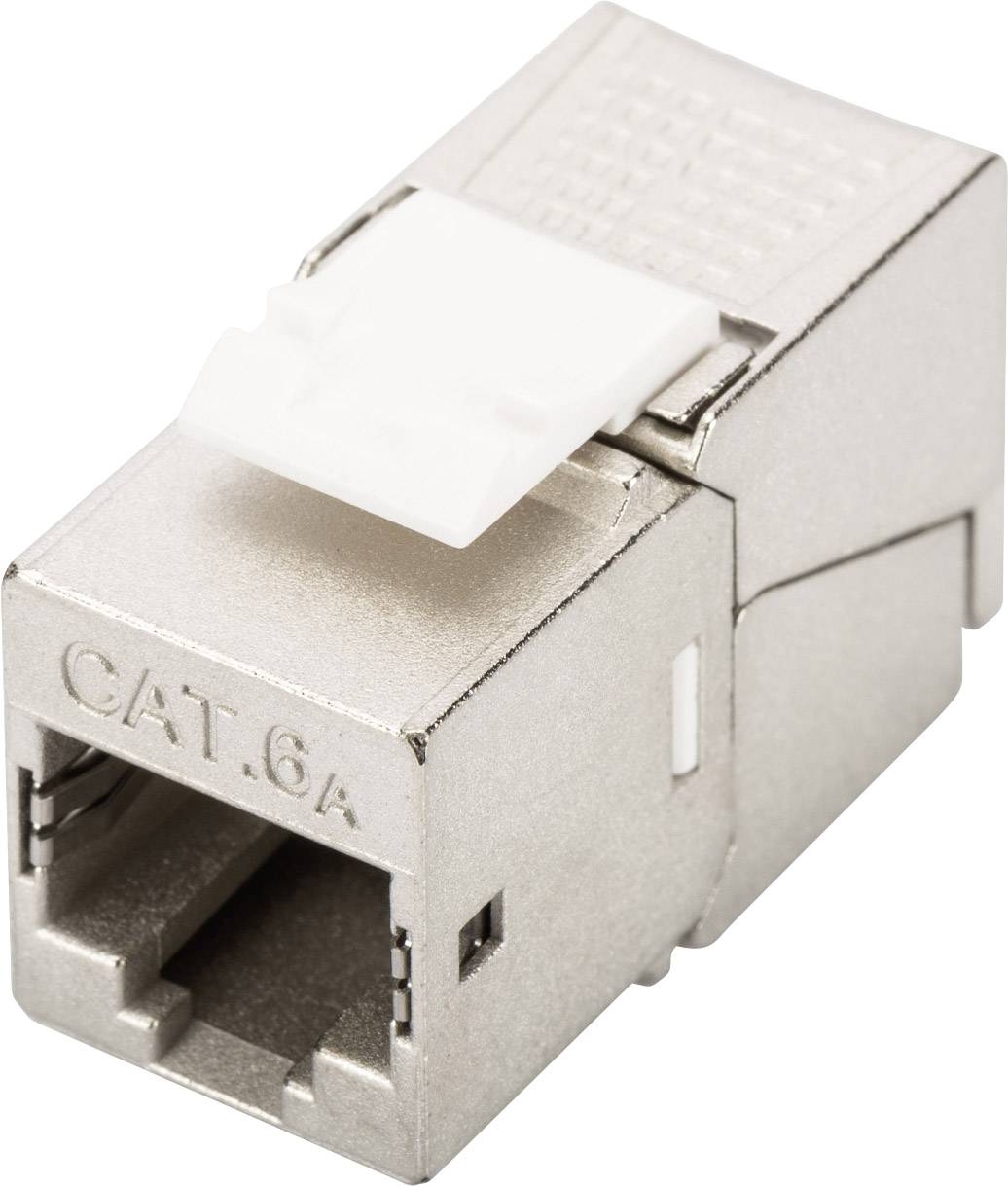 Ein silbernes Cat. 6A Keystone-Modul für Ethernet-Verbindungen mit weißem Clip, zur Netzwerkinstallation verwendet.