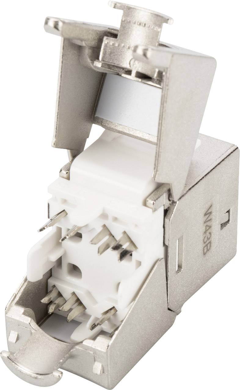 Metallisches Keystone-Modul mit offenem Gehäuse zeigt interne elektrische Anschlüsse, geeignet für Netzwerk- oder Telekommunikationsinstallation.