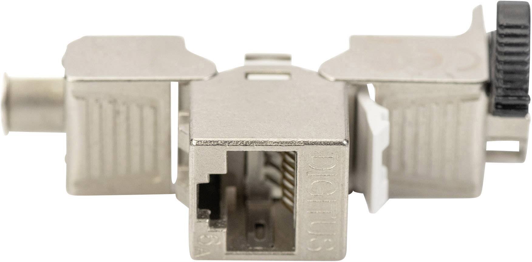Ein silberner Netzwerkstecker mit mehreren Anschlüssen, darunter RJ45. Eignet sich für Ethernet-Verbindungen in Netzwerkanwendungen.