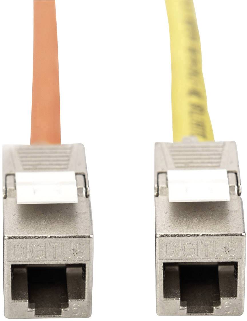 Zwei Netzwerkstecker in Grau, links mit orangem Kabel, rechts mit gelbem Kabel, für Hochgeschwindigkeits-Datenübertragung.