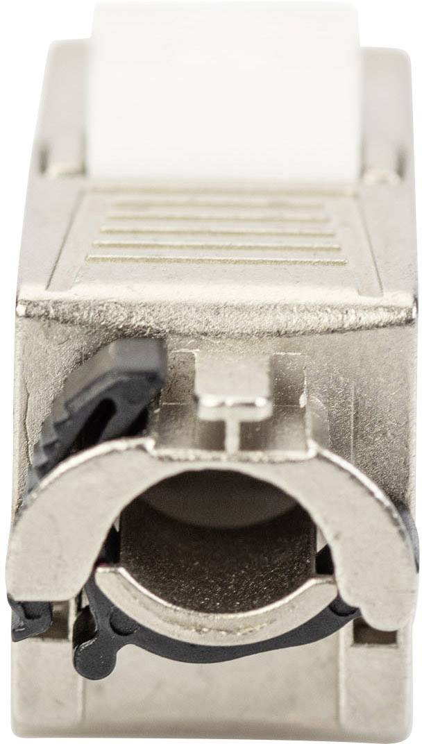 Ein silberner Netzwerkstecker mit schwarzem Verschlussmechanismus, frontal betrachtet. Geeignet für Kabelverbindungen.