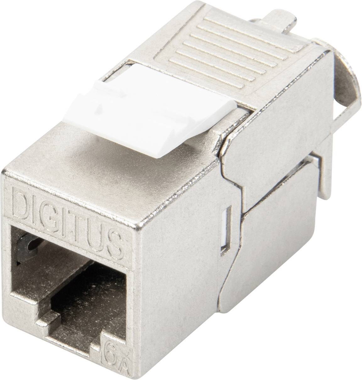 RJ45 Keystone-Modul in Metallausführung mit Aufschrift 'DIGITUS', zur Verbindung von Netzwerkkabeln, geeignet für Cat 6A Standards.
