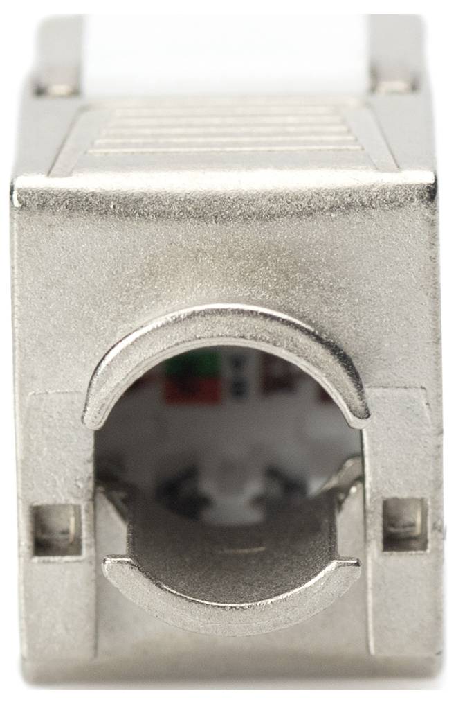 Ein silberner Netzwerkstecker mit klar sichtbaren internen Kontakten, der für die Verbindung von Ethernet-Kabeln verwendet wird.