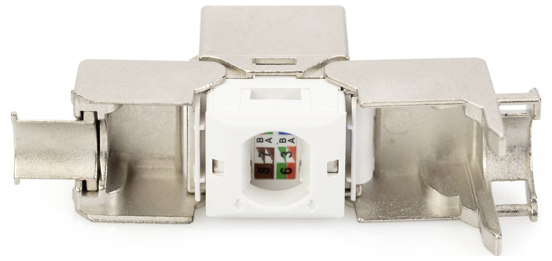Ein Metall-Netzwerkstecker mit farbcodierten Drähten, geeignet für den Anschluss von Ethernet-Kabeln. Ideal für die effiziente Datenübertragung.