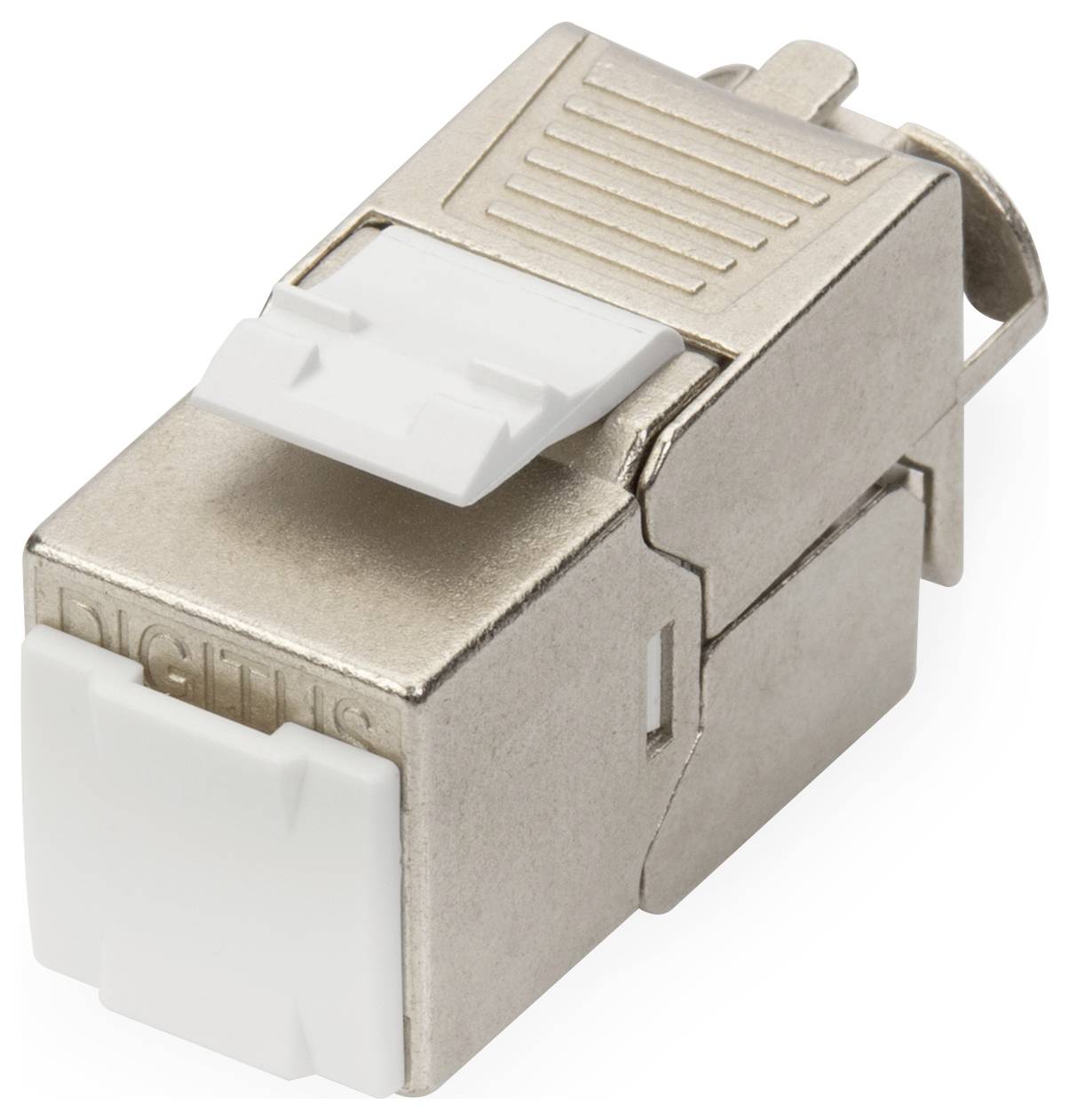 Ein RJ45-Netzwerkstecker aus Metall und Kunststoff, der für die Verbindung von Netzwerkkomponenten verwendet wird.
