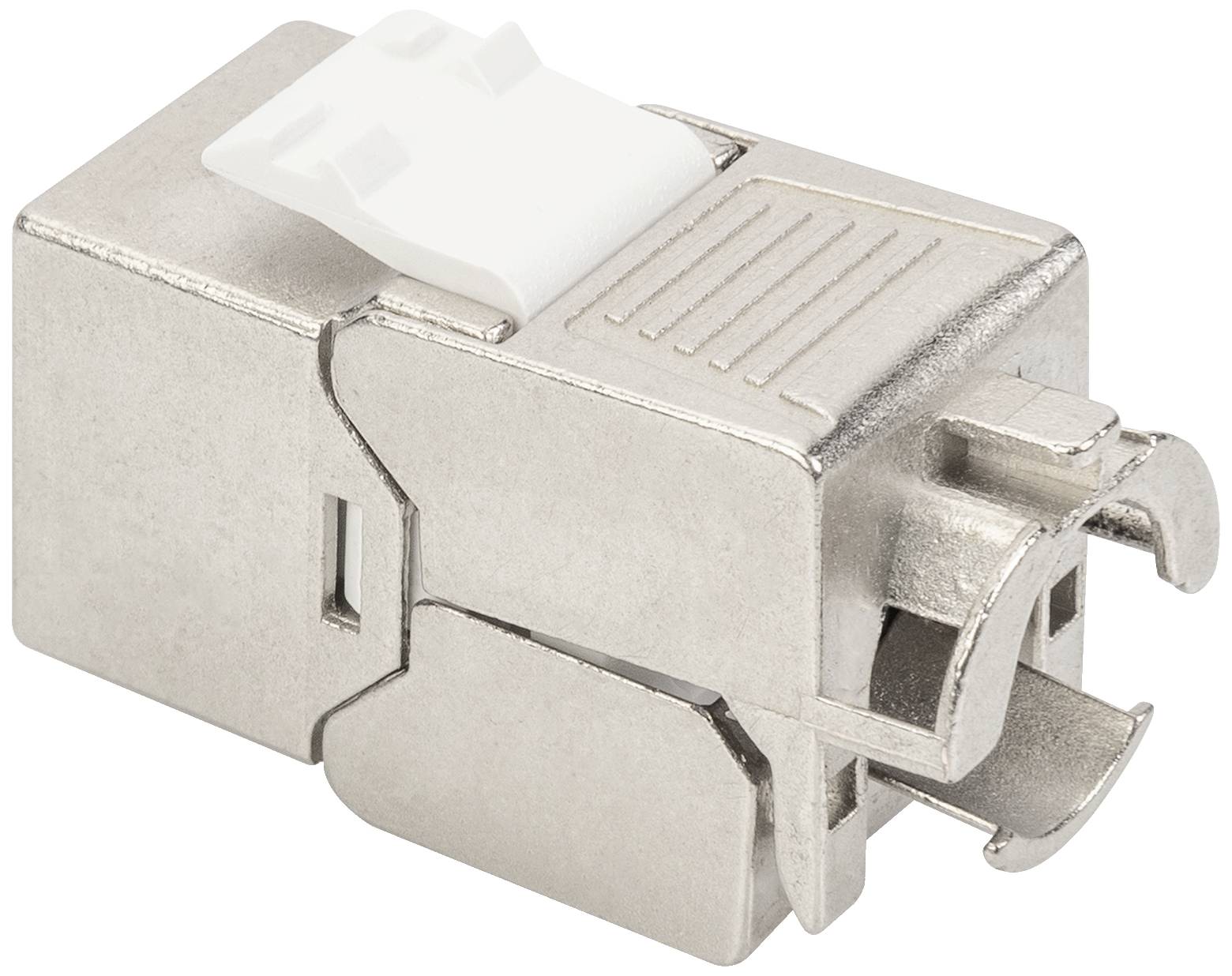 Ein metallisches Modul zur Netzwerkverkabelung, mit einem weißen Hebel oben. Es ist ein Keystone Jack für Ethernet-Steckverbindungen.