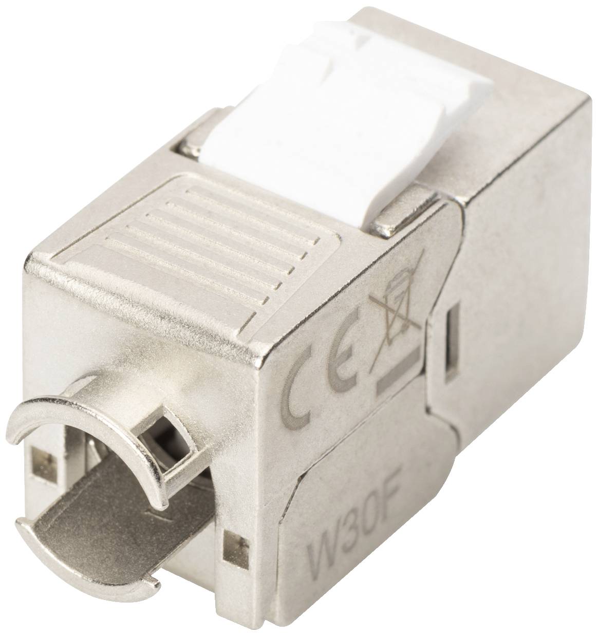Ein silberner Netzwerkanschlussadapter mit CE-Kennzeichnung.
