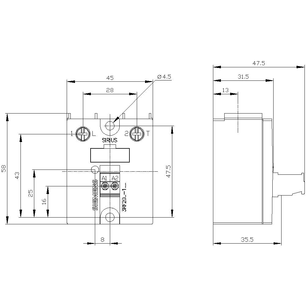 Technische Zeichnung eines elektrischen Bauteils mit Maßangaben in Millimetern inkl. Breite, Höhe und Anschlussdetails für Montage.