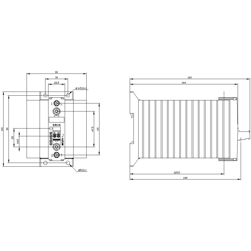 Technische Zeichnung eines rechteckigen Bauteils mit Detailansicht und Maßen. Links: Vorderansicht mit Anschlussdetails, rechts: Seitenansicht.