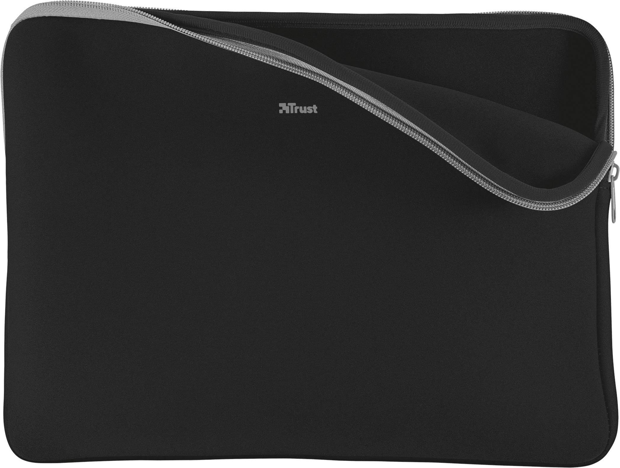 Schwarze Laptop-Hülle aus Neopren mit grauem Reißverschluss, leicht geöffnet.