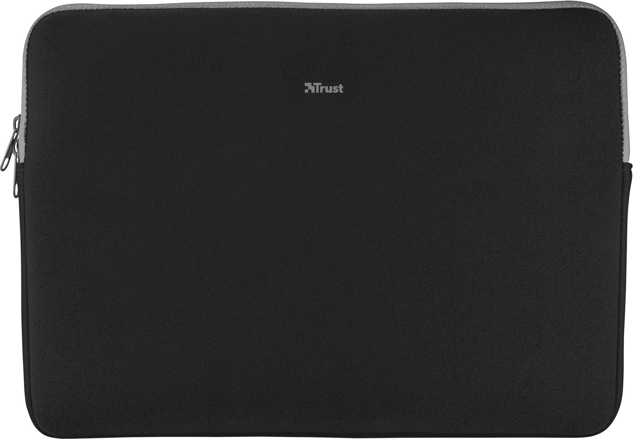 'Schwarze Laptop-Hülle mit Reißverschluss', mit kleinem 'iTrust'-Logo oben in der Mitte. Die Oberfläche wirkt glatt und schlicht.