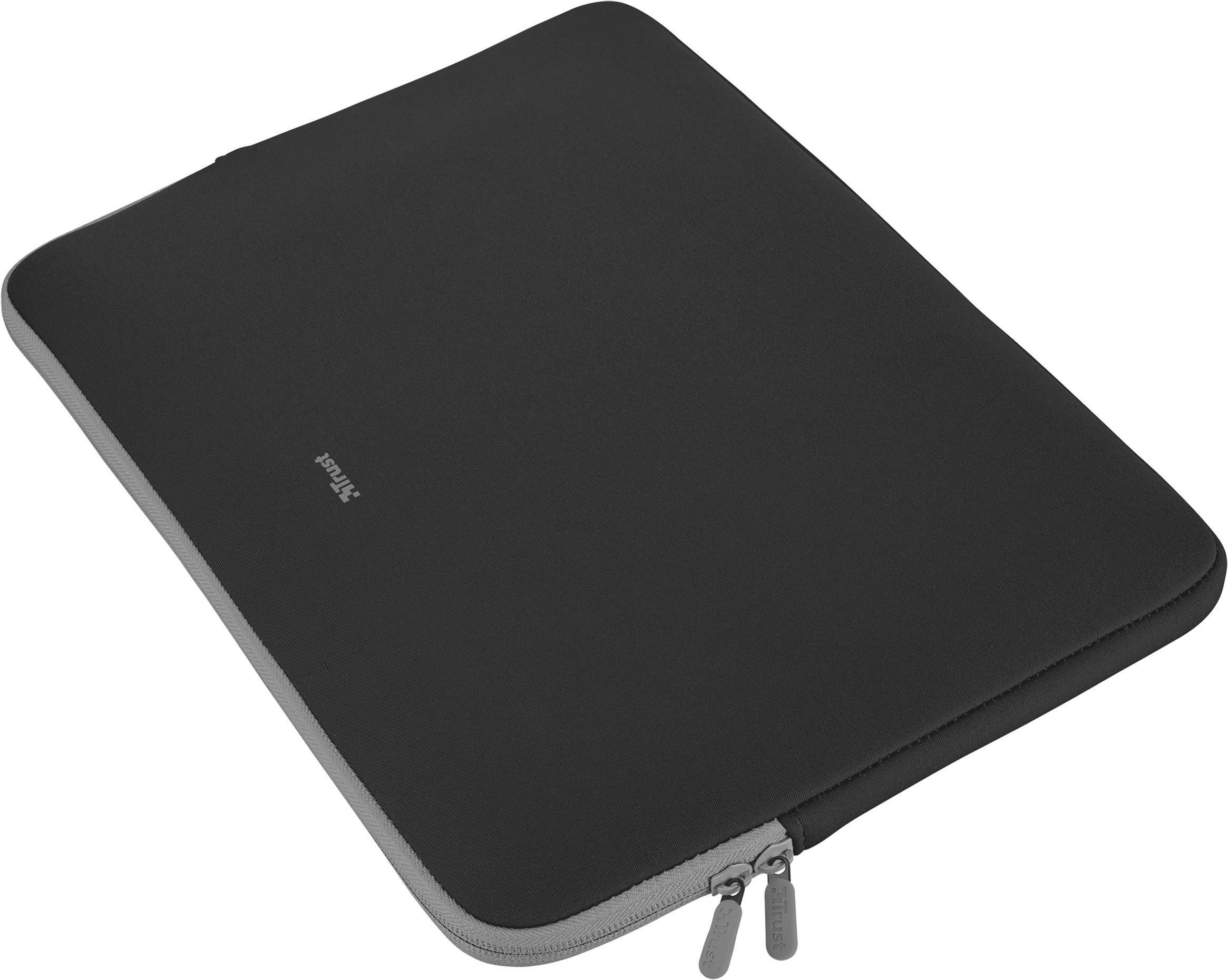 Schwarze Laptophülle mit grauem Reißverschluss, geschlossen, auf weißem Hintergrund. Geeignet für den Schutz eines Laptops.