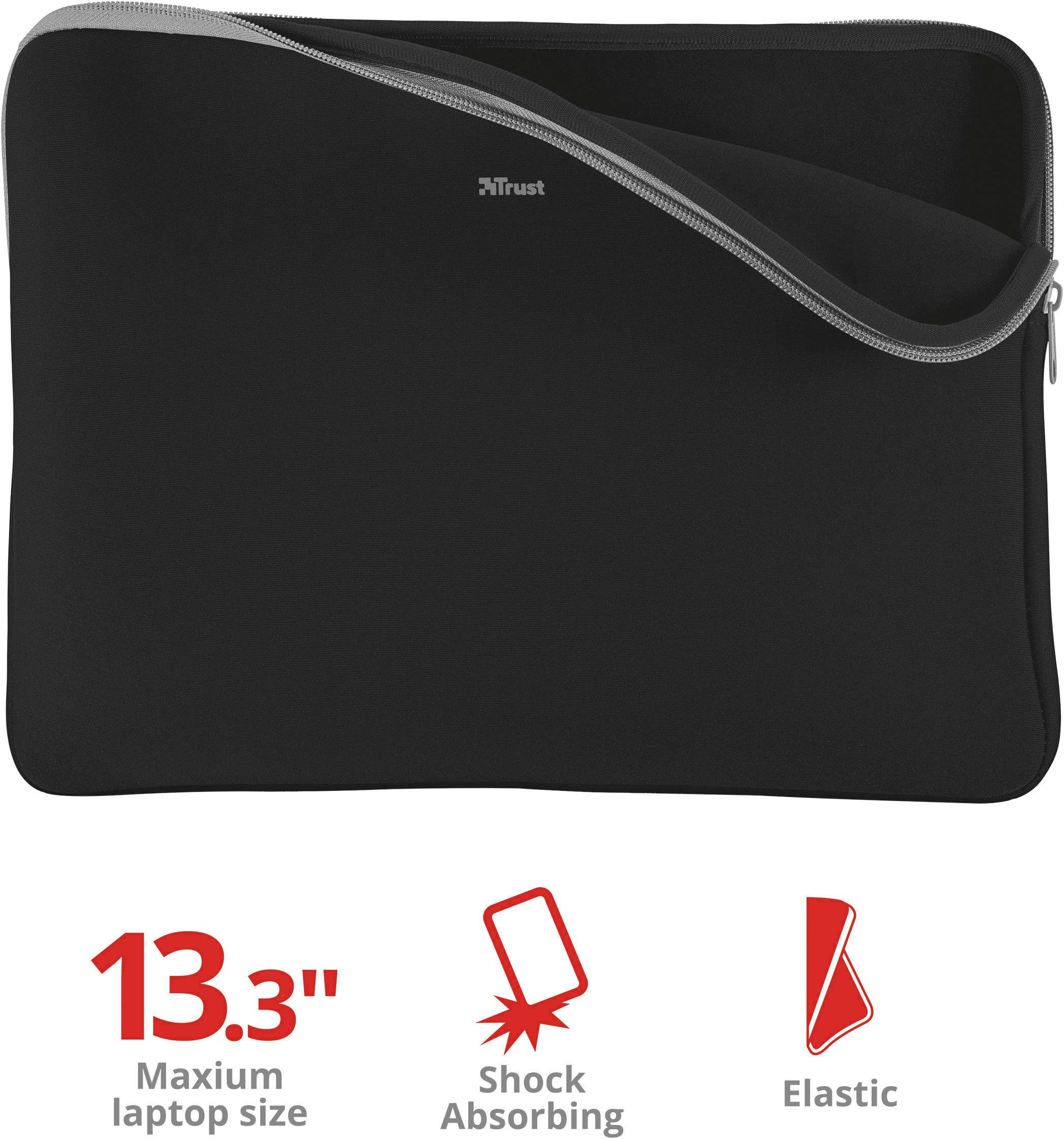Schwarze Laptop-Hülle von Trust mit grauem Reißverschluss. Geeignet für 13,3-Zoll-Laptops, stoßdämpfend und elastisch.