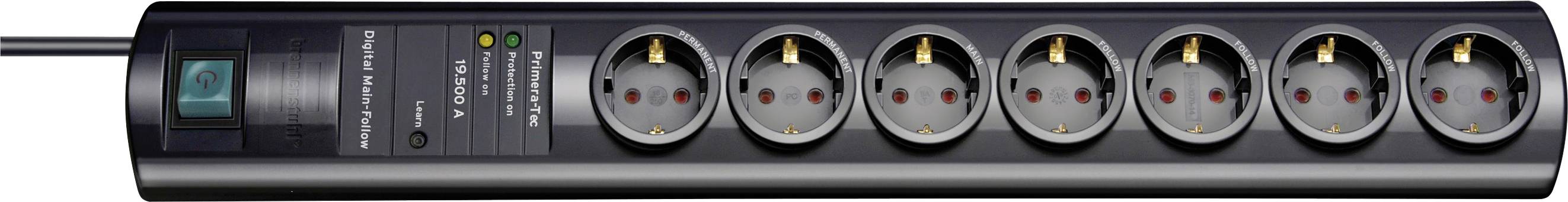 Eine schwarze Steckerleiste mit einem blauen Hauptschalter, Kontrollleuchten und acht runden elektrischen Steckdosen in einer Reihe.