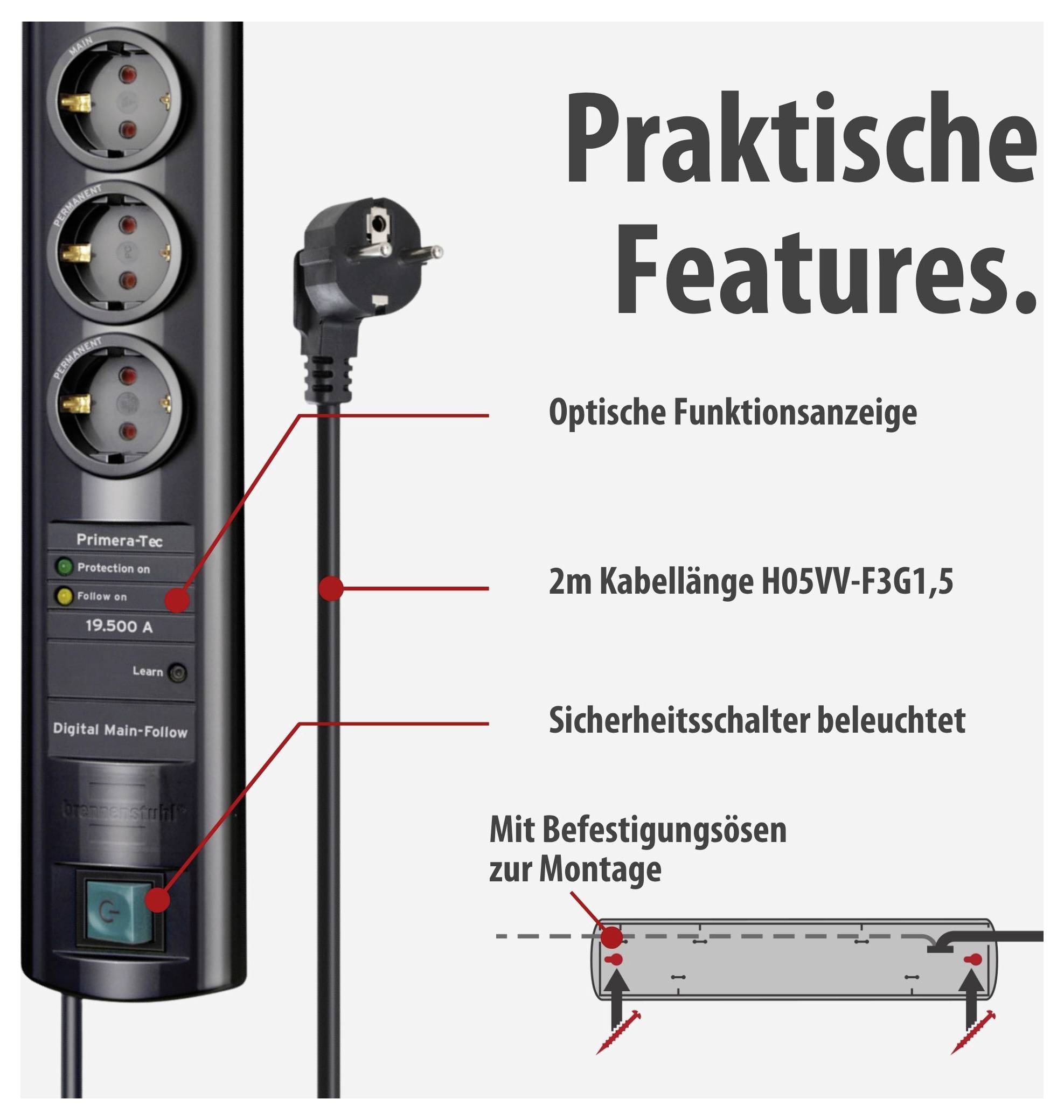 Bild einer Steckdosenleiste mit Text 'Praktische Features': optische Funktionsanzeige, 2 m Kabel H05VV-F3G1,5, beleuchteter Sicherheitsschalter und Befestigungsösen zur Montage.