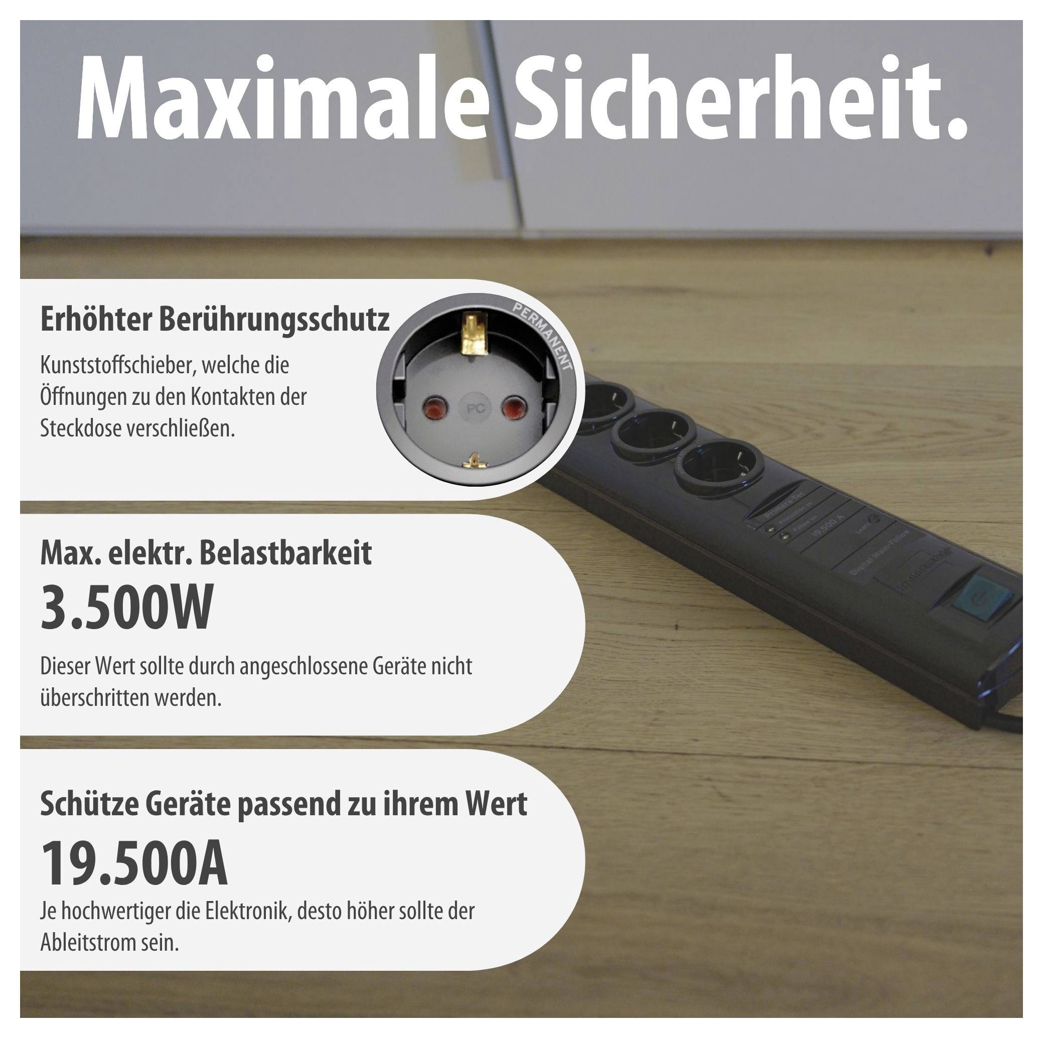 Werbegrafik zur Steckdosenleiste mit 'Maximale Sicherheit': Berührungsschutz, max. 3.500 W und 19.500 A; zeigt eine Mehrfachsteckdose auf Holzfußboden.