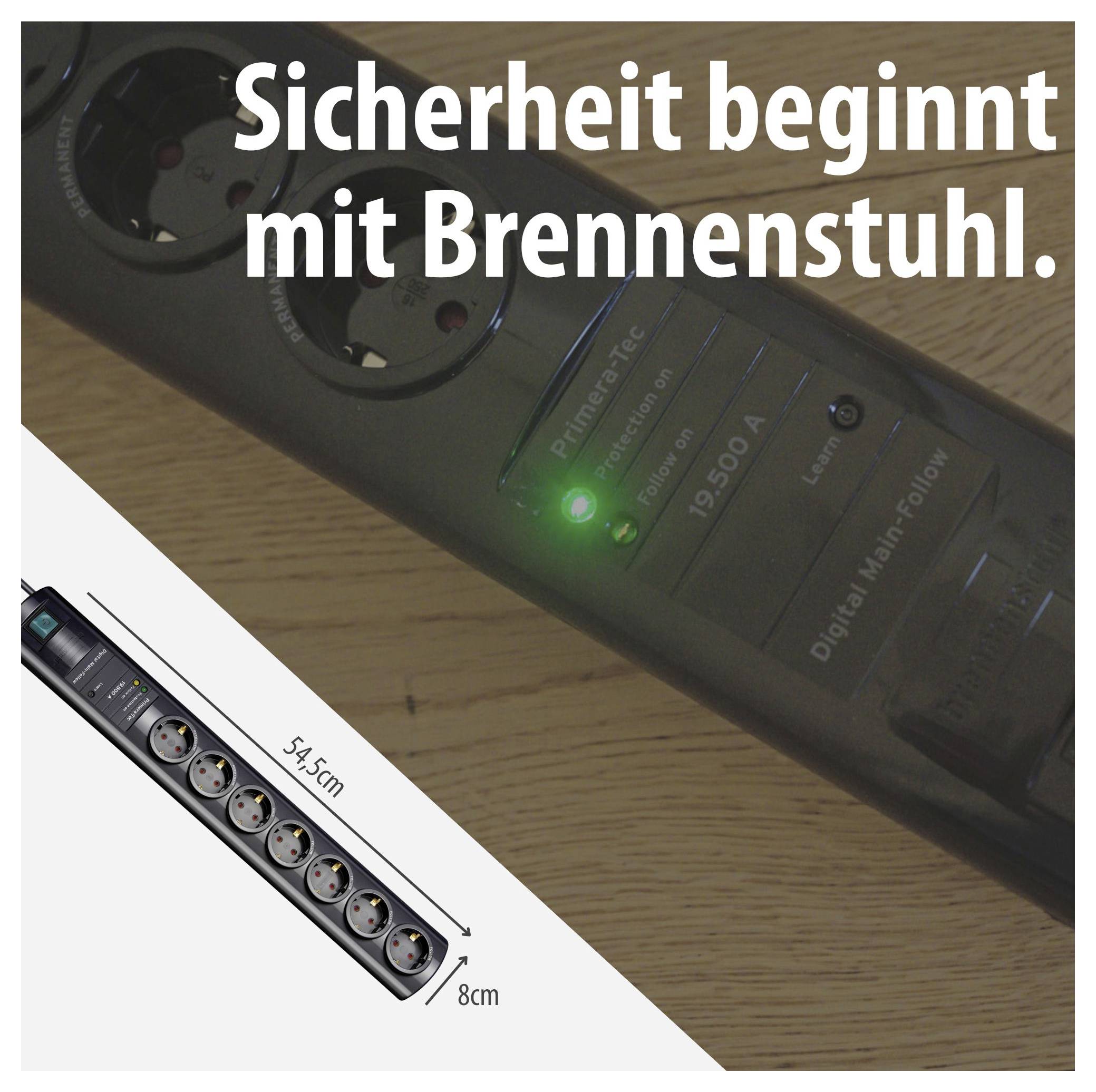 Werbung für eine Brennenstuhl-Steckdosenleiste mit beleuchtetem Schalter und 54,5 cm Länge; Slogan: 'Sicherheit beginnt mit Brennenstuhl.'