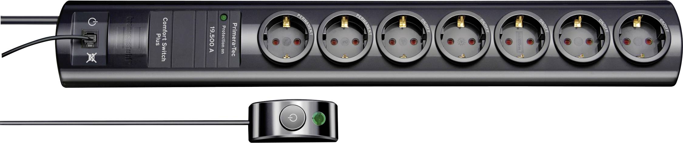 Steckerleiste mit acht runden Steckdosen und beleuchtetem Netzschalter; ein Kabel auf der linken Seite angeschlossen.