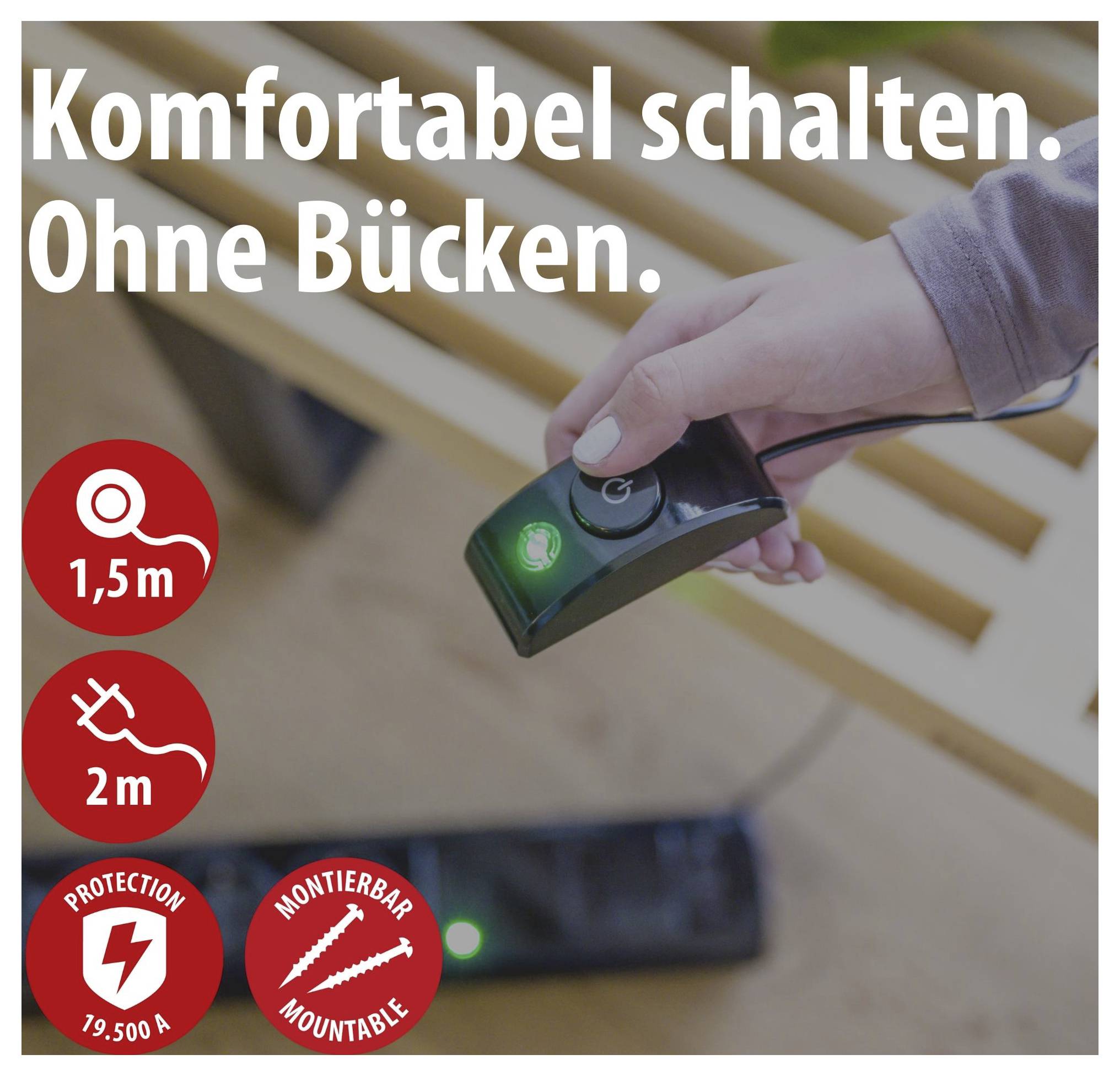 Hand hält ein beleuchtetes Bediengerät über einem Tablet; Text: 'Komfortabel schalten. Ohne Bücken.' sowie Symbole für 1,5 m, 2 m und montierbar.