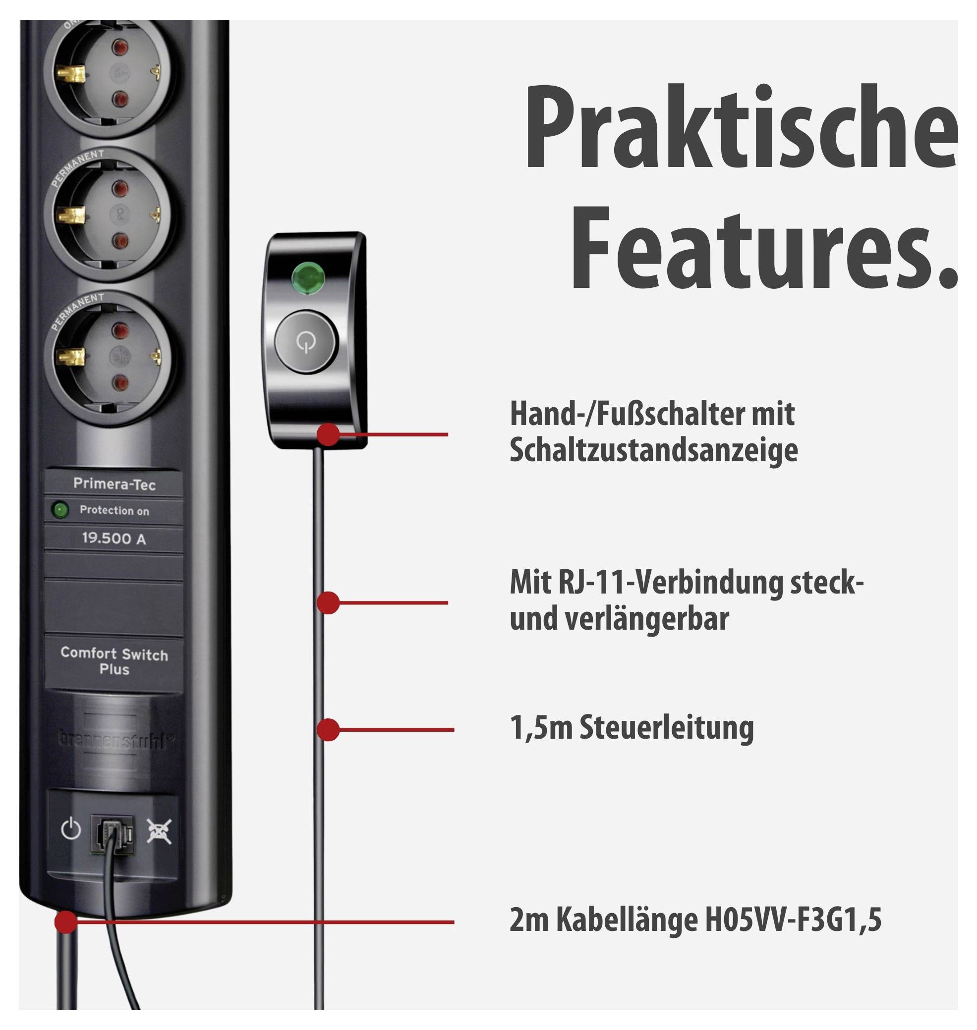 Werbegrafik einer Steckdosenleiste mit Hand-/Fußschalter; nennt 'Praktische Features' wie RJ-11-Verbindung, 1,5 m Steuerleitung und 2 m Kabellänge.