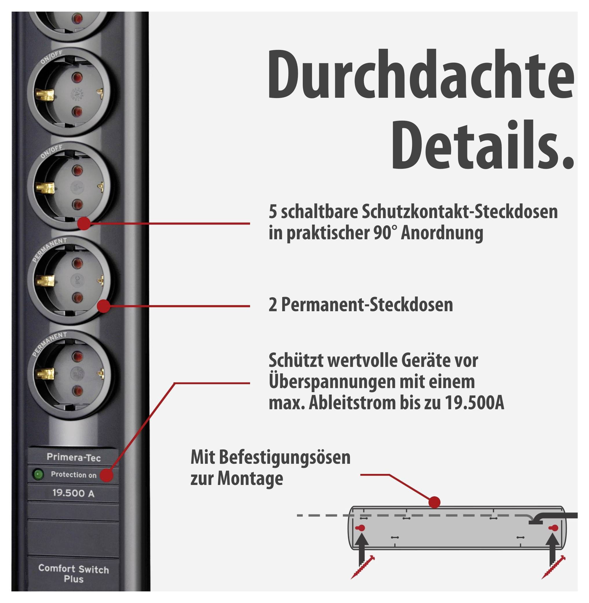 Werbegrafik einer Steckdosenleiste: 5 schaltbare Schutzkontakt-Steckdosen in 90°-Anordnung, 2 Permanent-Steckdosen, Überspannungsschutz bis 19.500 A und Befestigungsösen zur Montage.