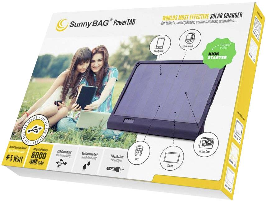 SunnyBag PowerTab 142A_01 Solar-Ladegerät Ladestrom Solarzelle 1100mA 5W Kapazität (mAh, Ah) 6000 mAh
