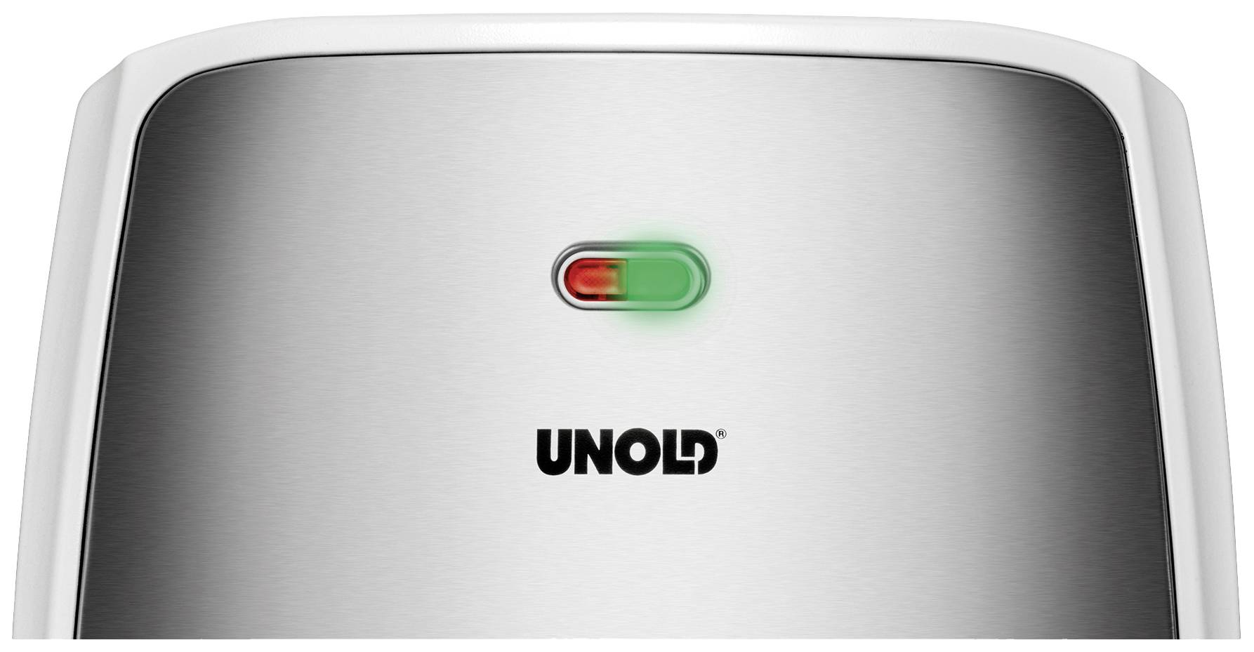 Ein Toaster von Unold, silberfarbene Oberfläche mit grün-leuchtender LED-Anzeige und rotem Akzent, weist auf Betriebsbereitschaft hin.