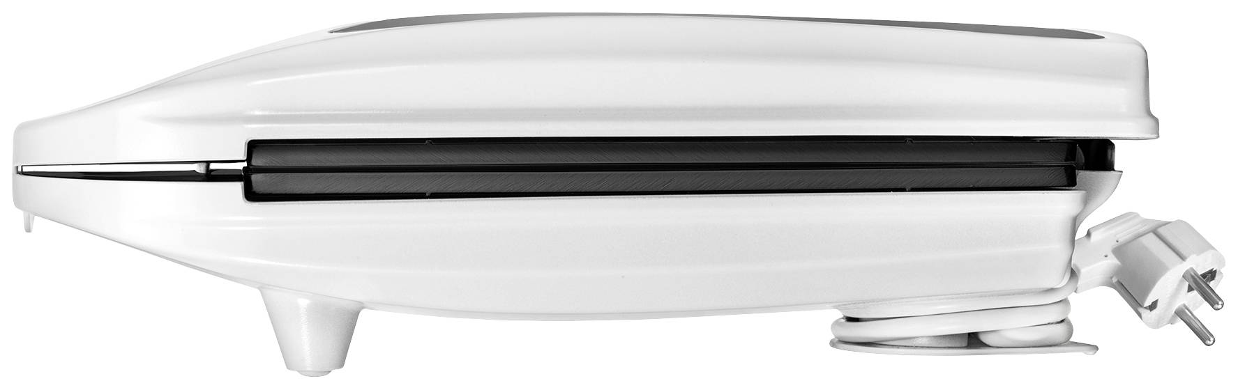 Ein geschlossener, weißer Kontaktgrill im Profil, kompakt gestaltet, mit aufgewickeltem Kabel auf der Seite.