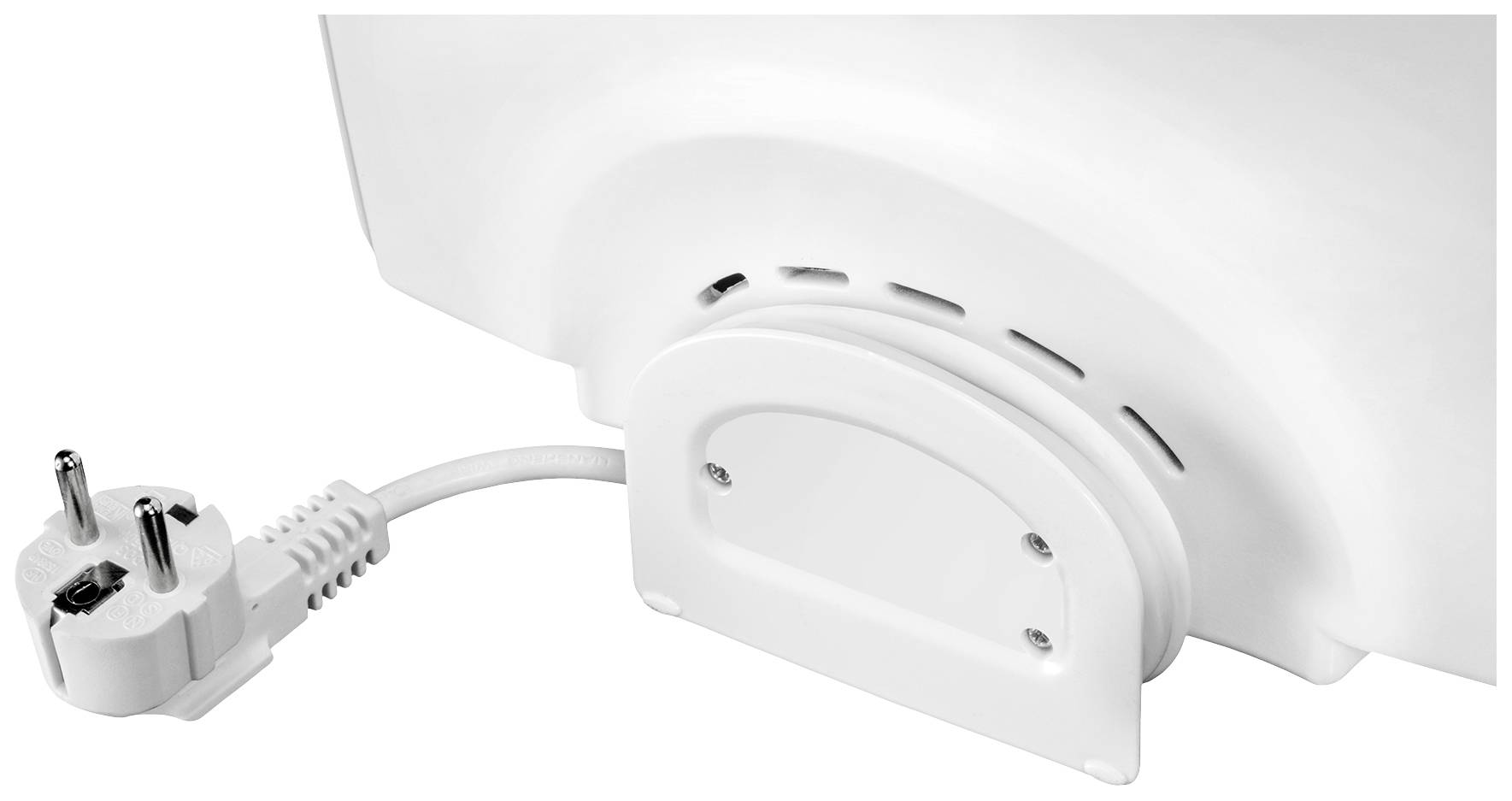Stecker eines weißen Elektrogeräts mit ovaler Abdeckung und Lüftungsschlitzen im Hintergrund.