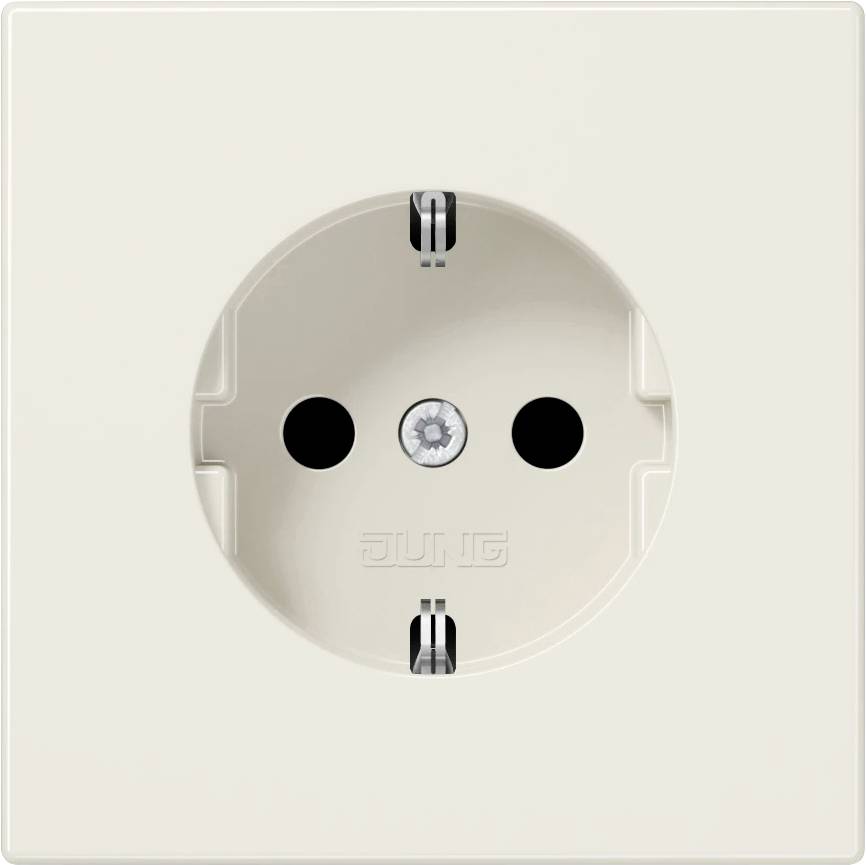 Beige wall electrical outlet with two round sockets and a central screw.