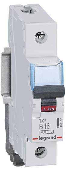 Ein grauer Sicherungsautomat der Marke Legrand mit der Aufschrift 'B16' und 'I-On', geeignet zur Steuerung elektrischer Stromkreise.