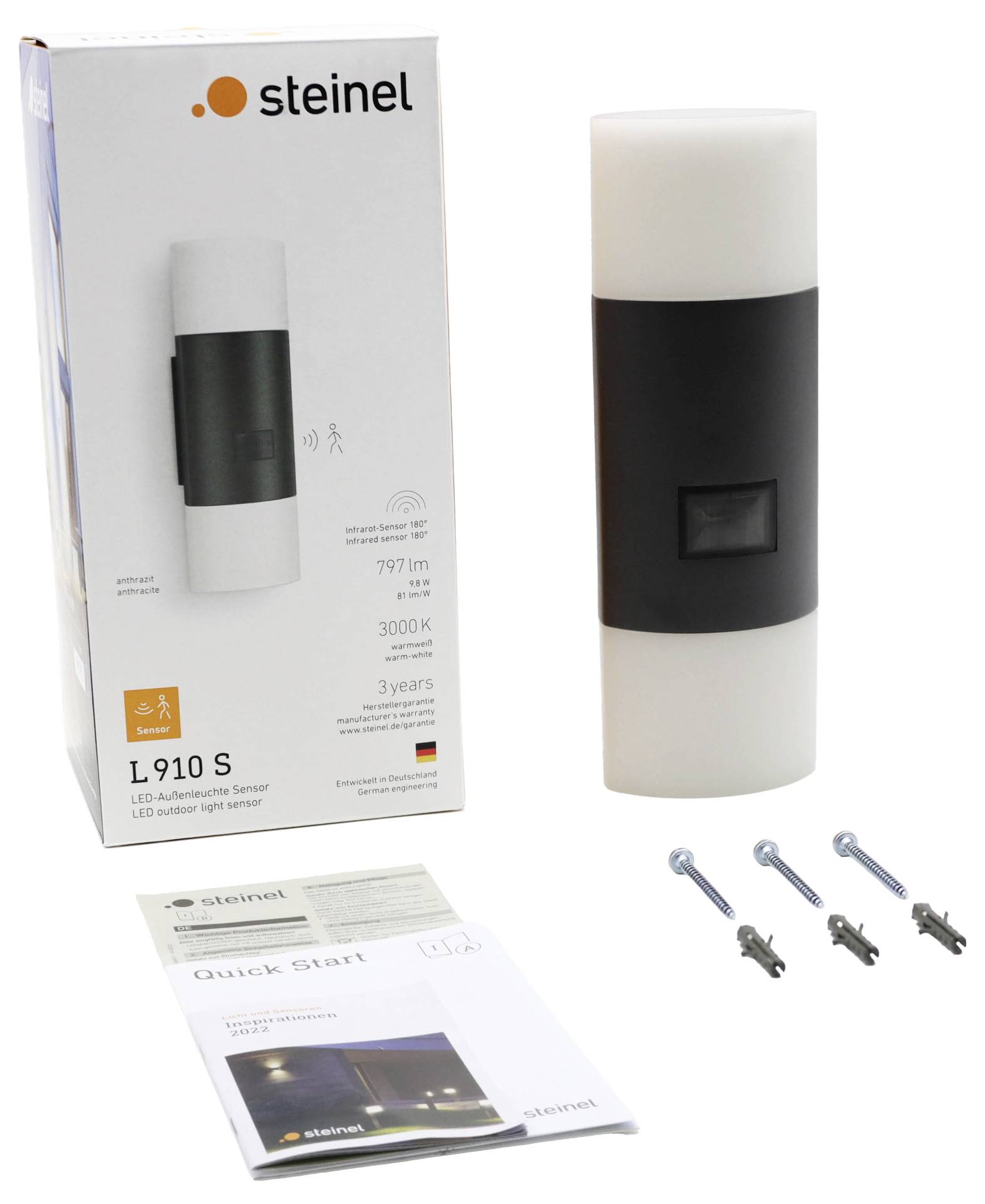 Steinel L 910 S LED-Außenwandleuchte mit Sensor, mit Verpackung, Installationsanleitung und Befestigungsschrauben.