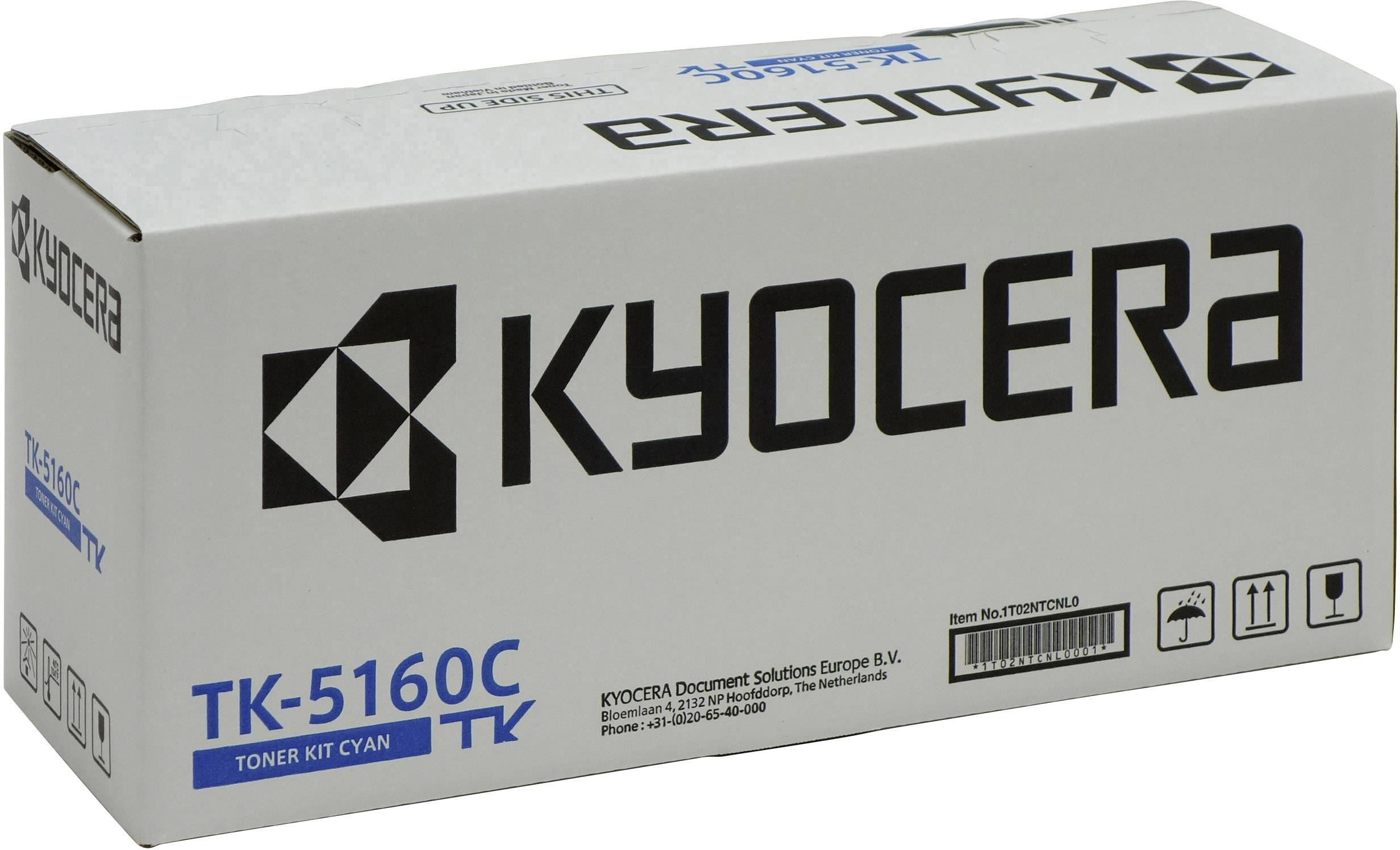 Kyocera Toner Kit TK-5160C, cyanfarben, in Verpackung. Enthält Details zur Anwendung für spezifische Druckermodelle.
