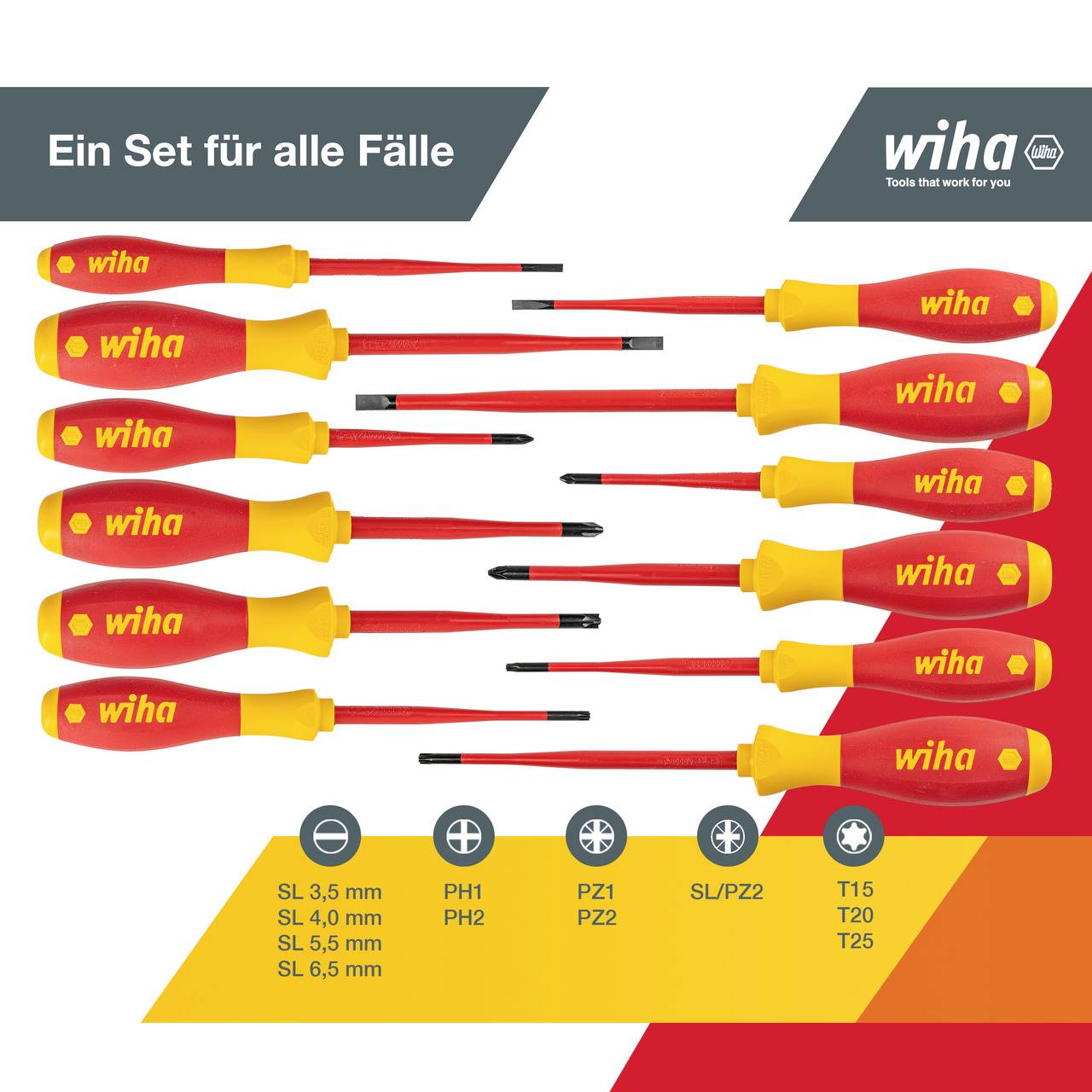 Ein Schraubendreher-Set mit zehn Schraubendrehern verschiedener Größen, gelb-rote Griffe, auf grauem Hintergrund liegend, Markenlogo 'Wiha'.