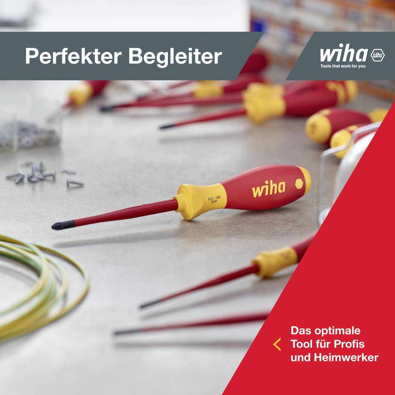 Schraubendreher mit rotem und gelbem Griff auf Werkbank. Beschriftung oben: 'Perfekter Begleiter'. Markenlogo rechts: 'Das optimale Tool für Profis und Heimwerker'.