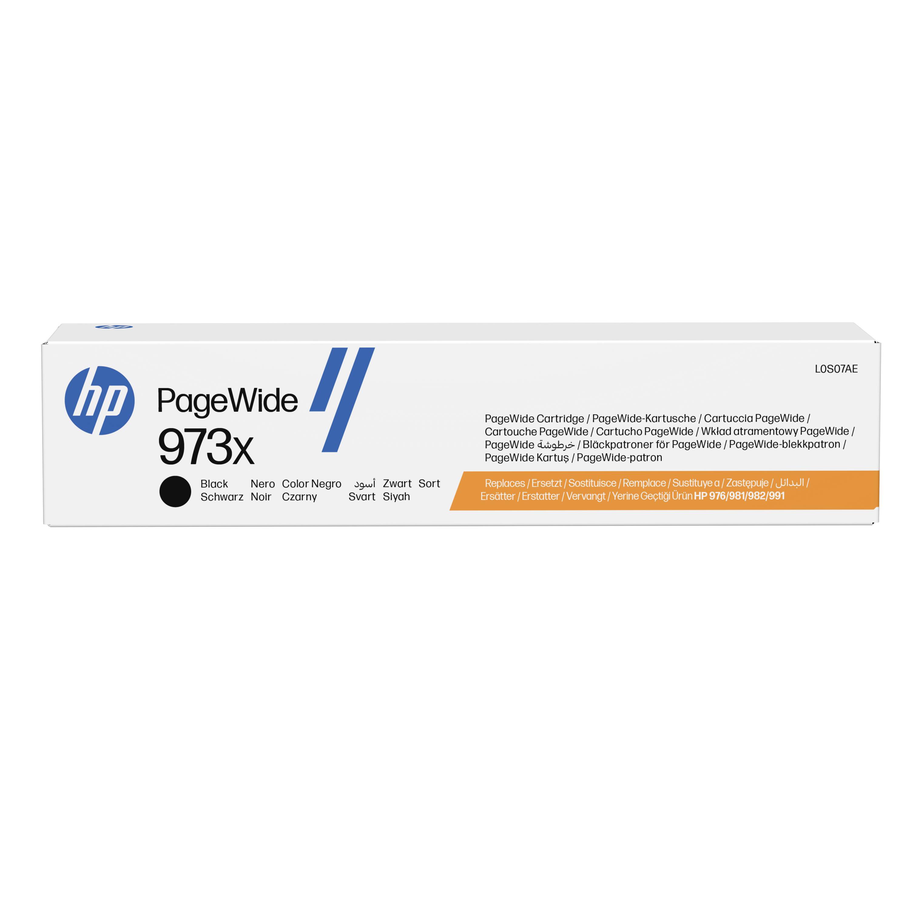 HP PageWide 973X Schwarztintenkassette in Verpackung auf weißem Hintergrund, gekennzeichnet für PageWide-Drucker.