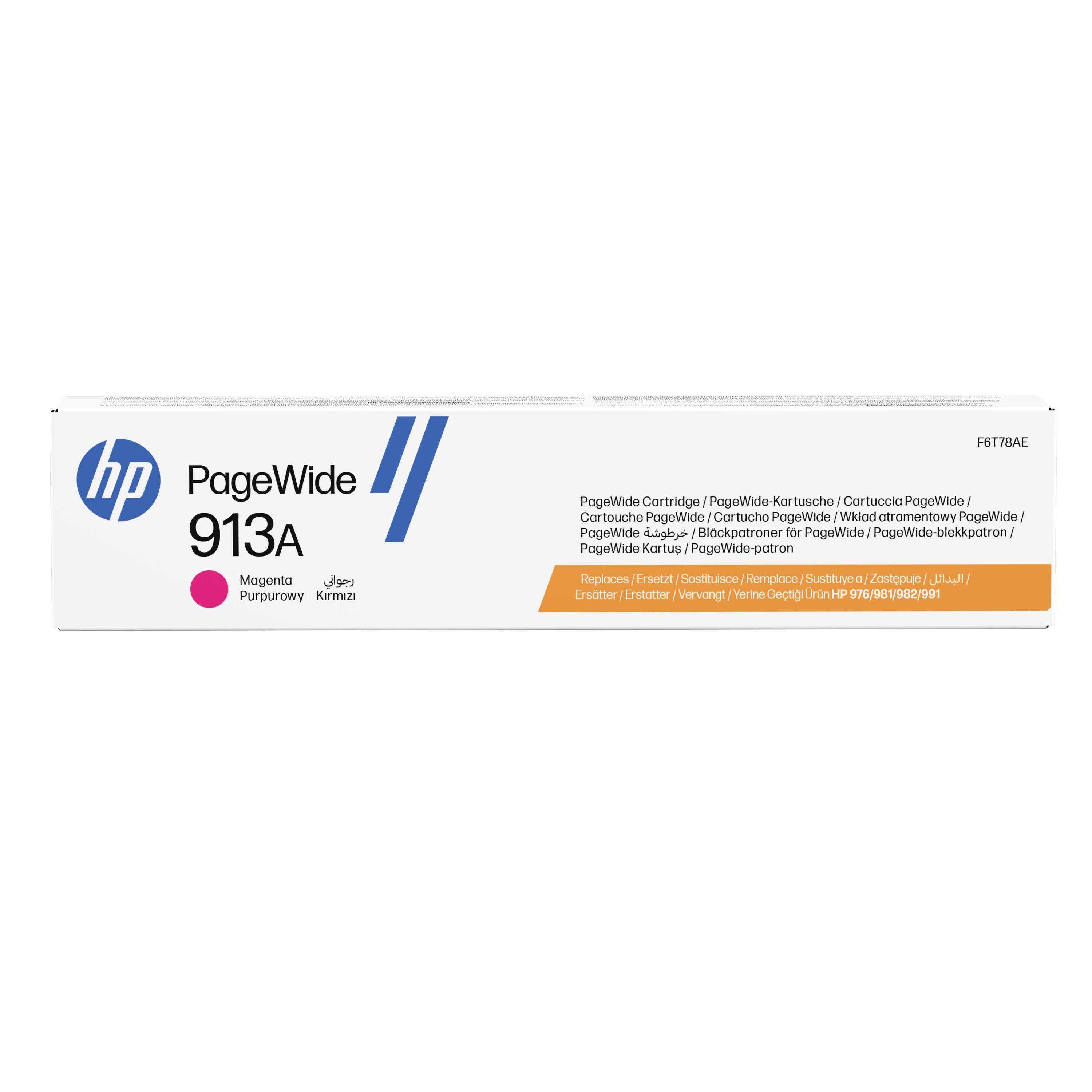 HP PageWide 913A Magenta-Tintenpatrone in Verpackung auf weißem Hintergrund gezeigt, mit Modell F6T78AE und mehrsprachigem Etikettentext.