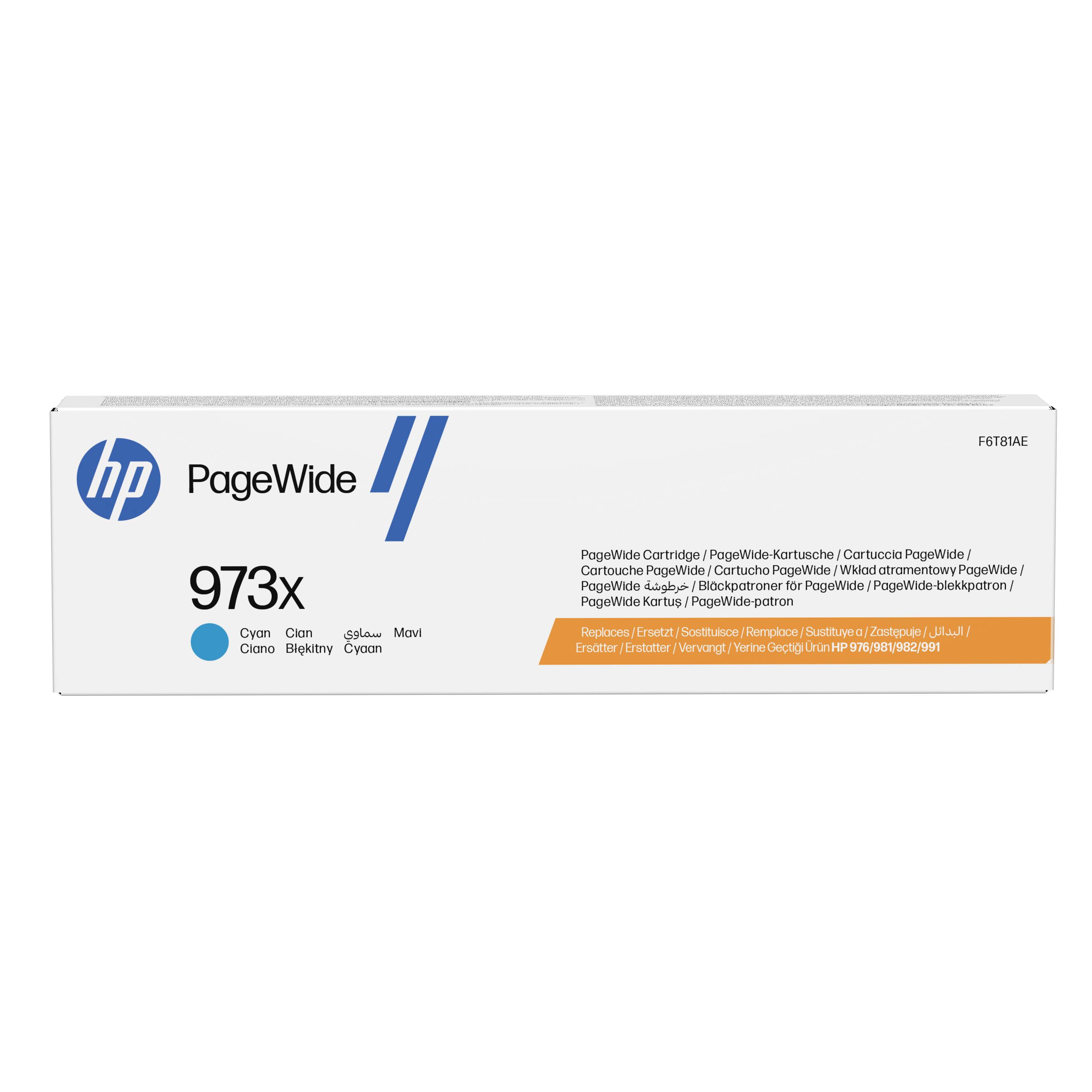 HP PageWide 973x Cyan-Tintenpatrone Karton auf weißem Hintergrund.