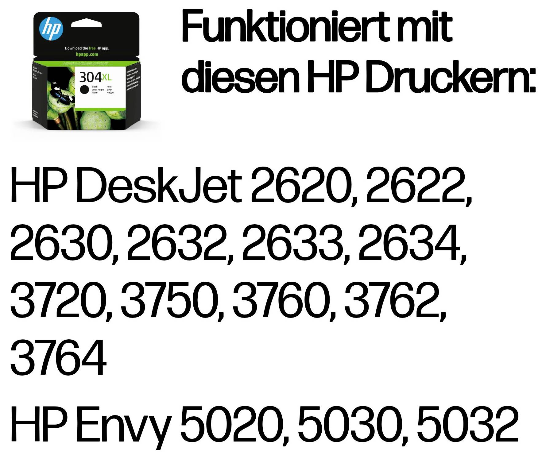 HP-Druckerpatronen-Bild zeigt die Kompatibilität mit DeskJet 2620-3764 und Envy 5020-5032 Druckern.