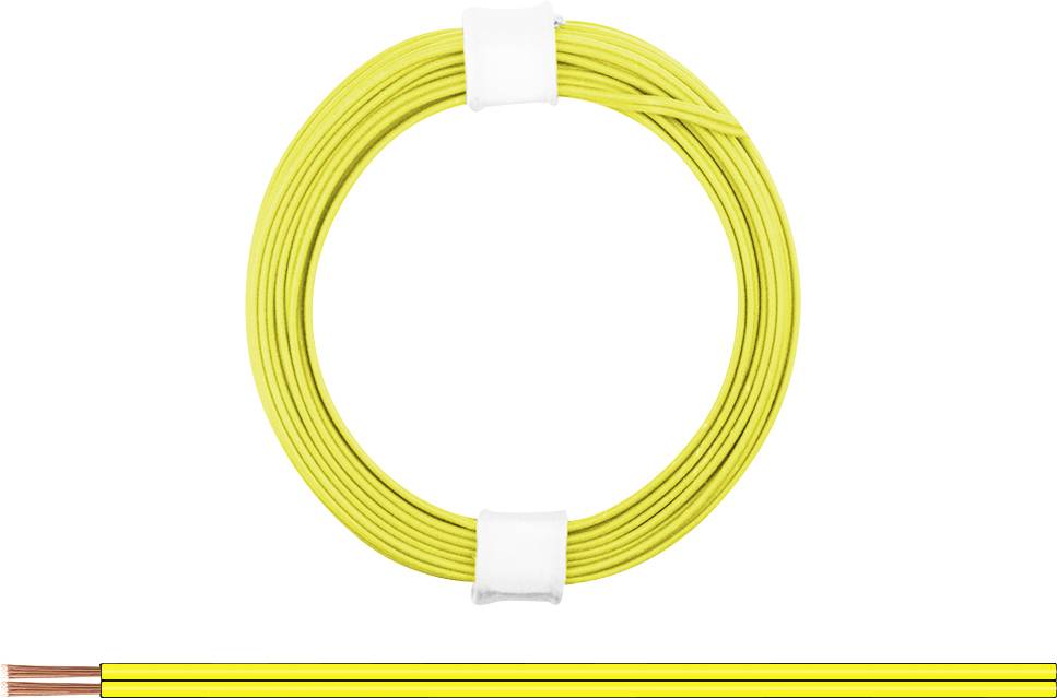 Gelbes elektrisches Kabel, aufgerollt und mit zwei weißen Kabelbindern fixiert; Drahtende zeigt Kupferspitze.