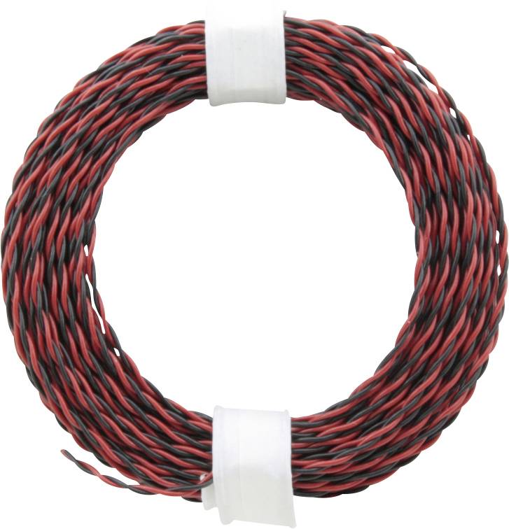 Eine aufgerollte Spule aus rot-schwarzem, verdrilltem Kabel, die durch weiße Bänder fixiert ist.