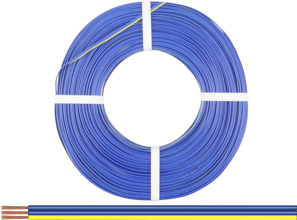Eine Rolle aus blauem Elektrokabel mit sichtbaren Kupferdrähten. Ein zusätzlicher Ausschnitt zeigt die Farbcodierung innen.