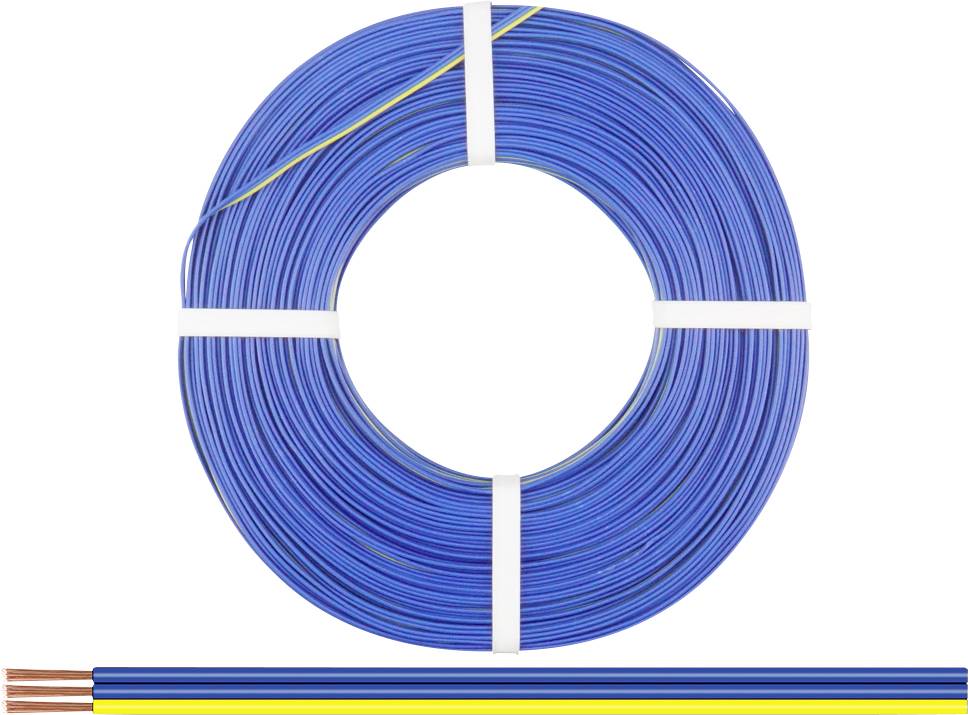 Blauer Kabelring mit drei sichtbaren Kabeln unten. Kabel haben verschiedene Farben: blau, gelb und grün.