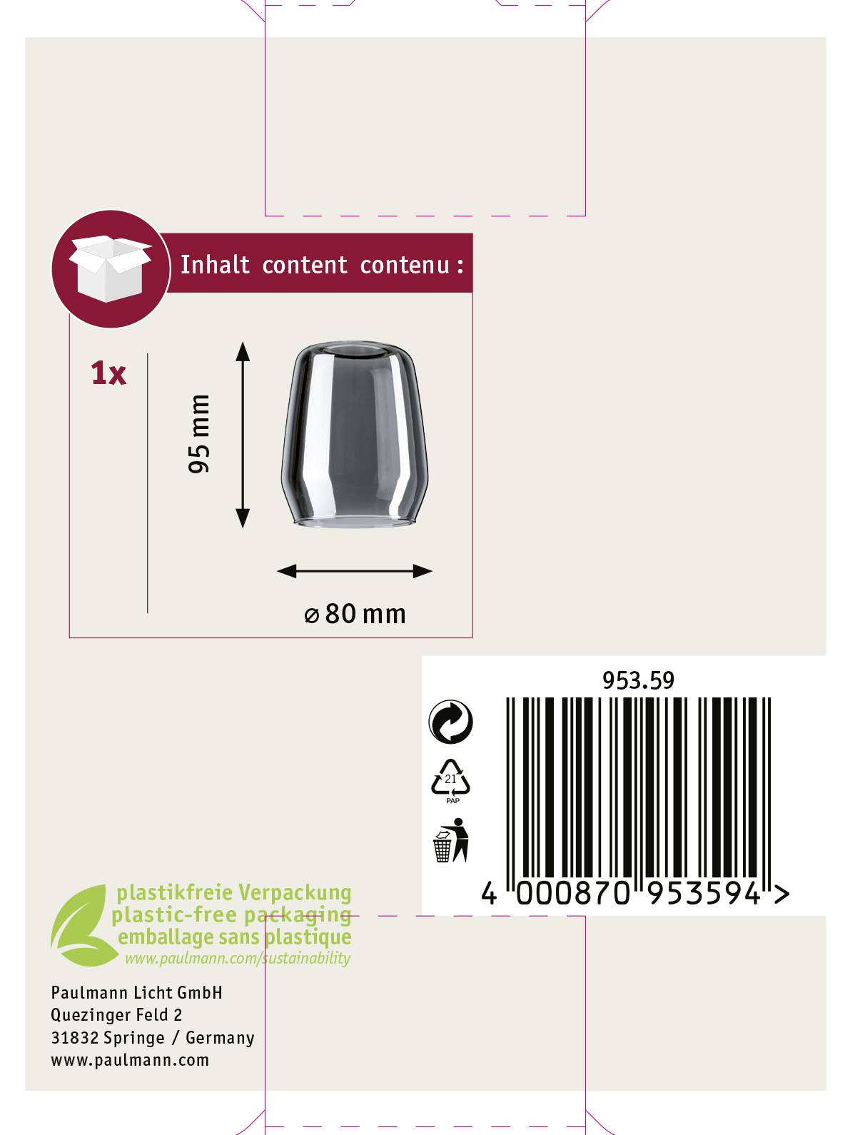 Produktabbildung eines Glases, 95 mm hoch, 80 mm Durchmesser, in plastikfreier Verpackung. Hersteller: Paulmann Licht GmbH.