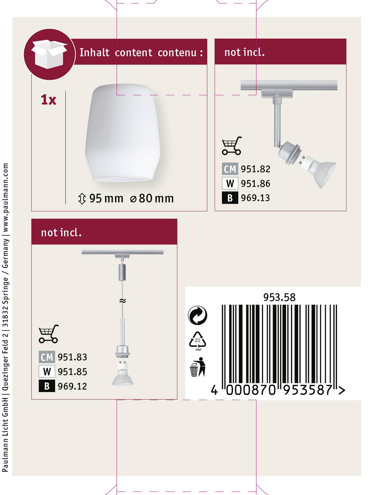 Leuchte mit Durchmesser 95 mm und 80 mm. Nicht enthalten: zwei Stangen unterschiedlicher Länge mit Halterungen für Leuchtmittel.