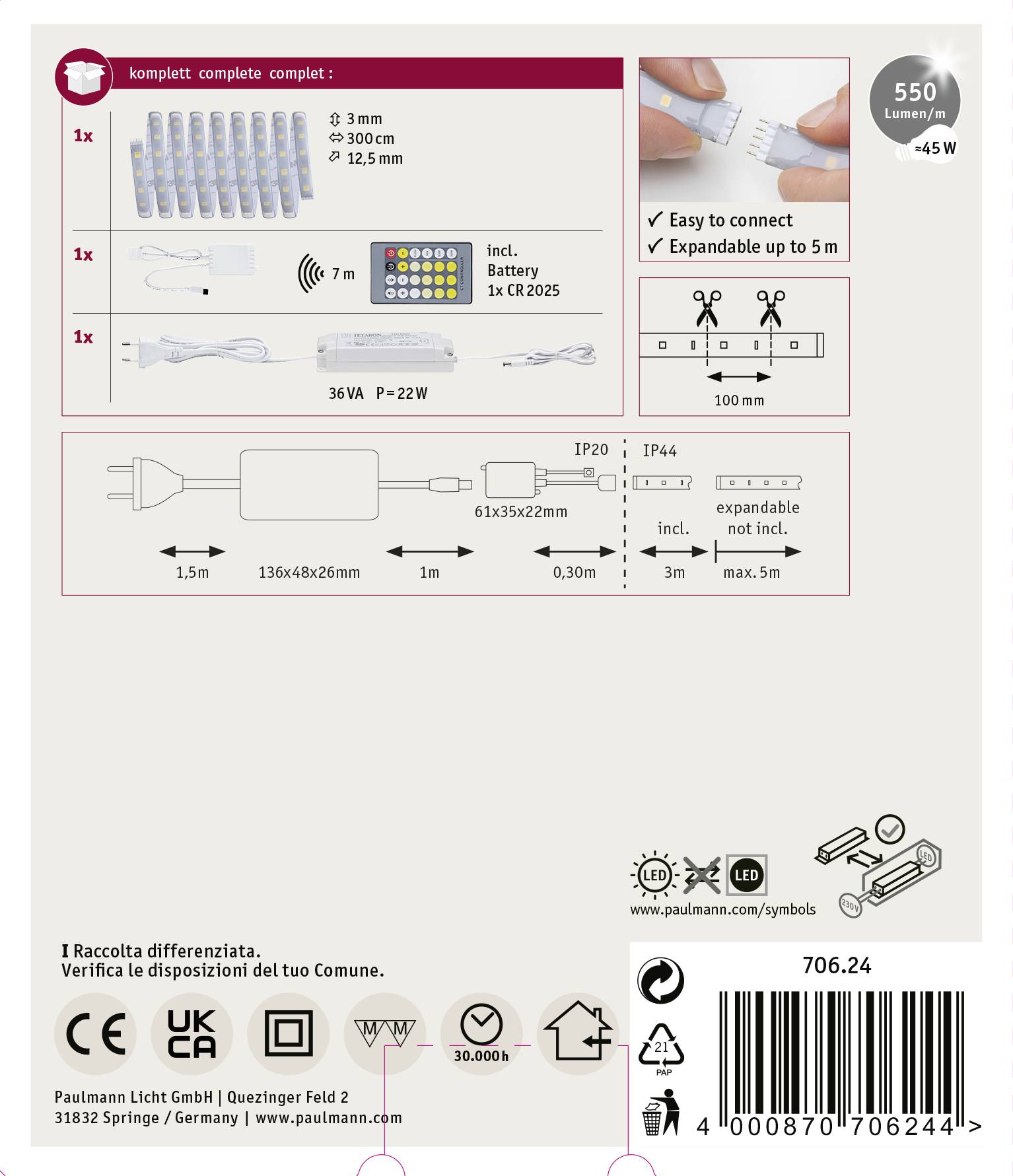 Paulmann MaxLED Tunable White 70624 LED-Streifen-Basisset mit Stecker 24V 3m Warmweiß, Neutralweiß, Tageslichtweiß 1St.