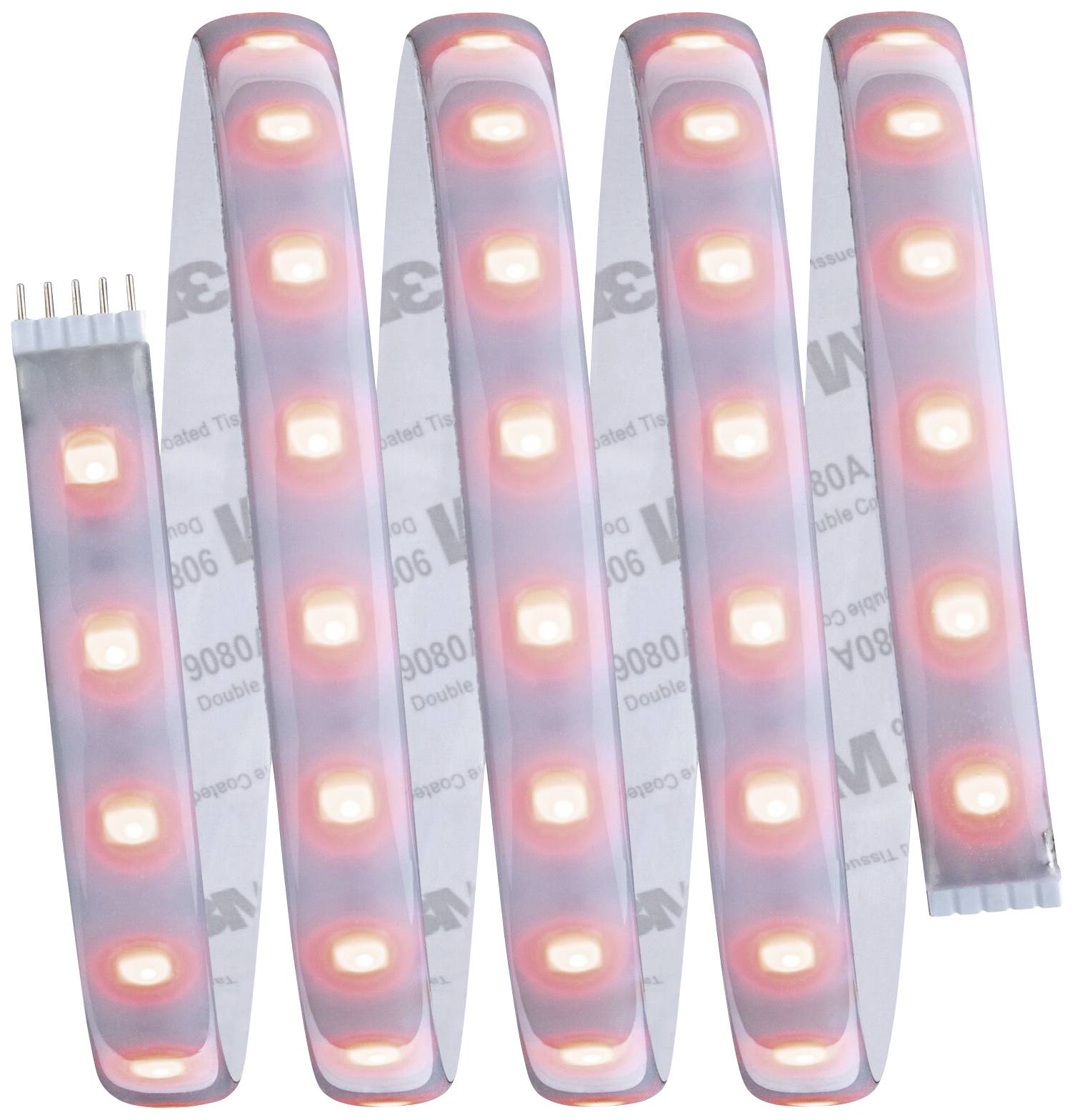 Fünf gebogene LED-Lichtstreifen mit warmweißen, leuchtenden Dioden auf einem Hintergrund. Verbindungsstifte sind sichtbar.