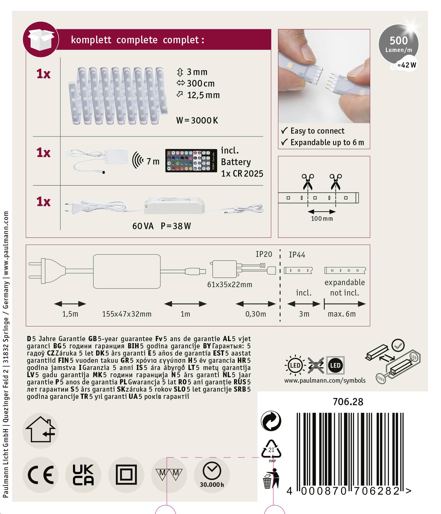 Paulmann MaxLED RGBW 70628 LED-Streifen-Basisset mit Stecker 24V 3m RGB, Warmweiß 1St.