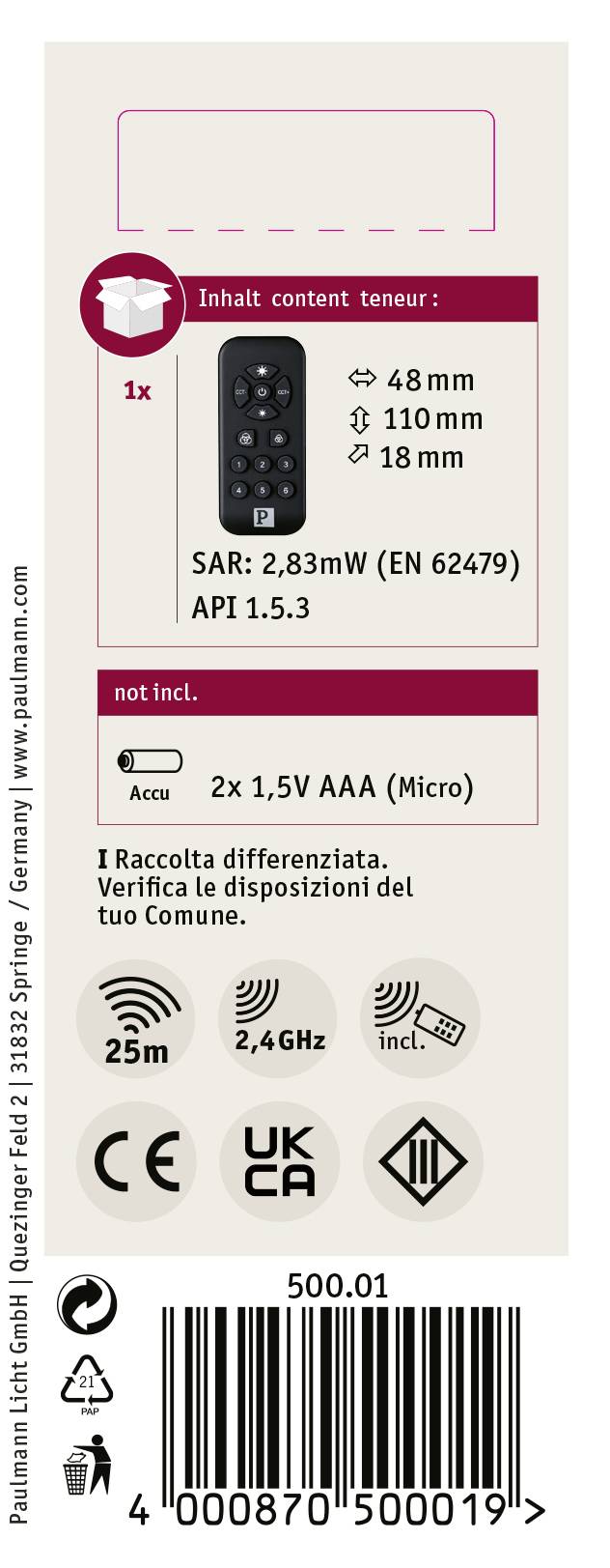 Paulmann 50001 Fernbedienung Schwarz